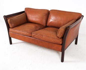 DANISH BEECH & LEATHER LOVESEAT SOFA C. 1970S