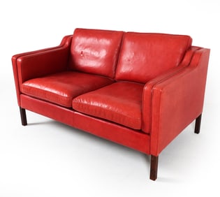 STOUBY DANISH RED LEATHER LOVESEAT SOFA
