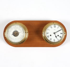 MID-CENTURY SCHATZ BRASS SHIPS CLOCK & BAROMETER