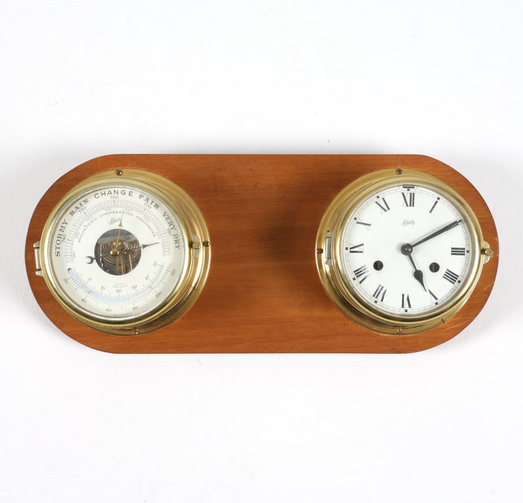 MID-CENTURY SCHATZ BRASS SHIPS CLOCK & BAROMETER (1 of 15)
