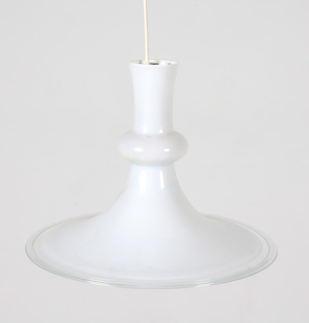 MICHAEL BANG HOLMEGAARD ETUDE PENDANT LIGHT: Opal glass pendant light designed by Michael Bang. Labeled to interior near bulb socket. Denmark, circa 1970s. Dimensions: H 11.5" x Dia. 15". Condition: Wiring untested. Minor scuffs and scratches. W