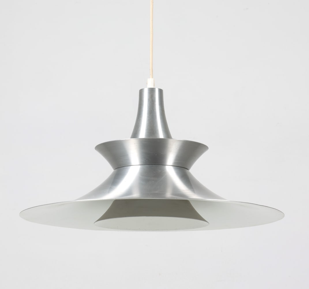 MID-CENTURY DANISH SAUCER PENDANT LIGHT: Dimensions: H 9.5" x Dia. 18". Condition: Wiring untested. Minor scuffs and scratches. Wear consistent with age and use.