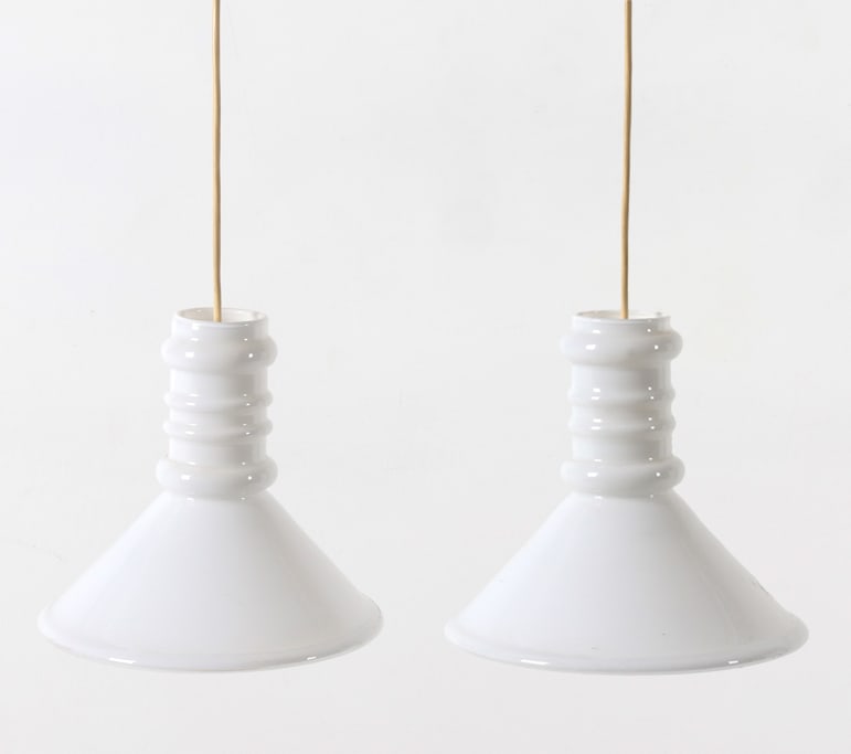 SIDSE WERNER FOR HOLMEGAARD "APOTEKER" PENDANTS: Pair of pendant lights designed by Sidse Werner for Holmegaard. Denmark, circa 1980s. Dimensions: Both approx. H 12" x Dia. 13.5". Condition: Some discoloration to underside of one. Wiring untested. M