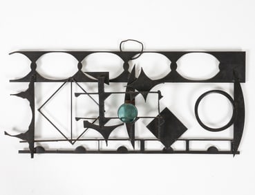 BRUTALIST IRON & GLASS WALL SCULPTURE