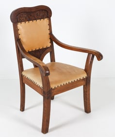 DANISH CARVED OAK & LEATHER ARMCHAIR C. 1940S