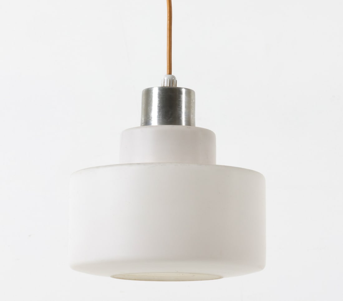 DANISH GLASS PENDANT LIGHT C. 1970S: White glass shade with brushed aluminum cap. Dimensions: H 7.5" x Dia. 7.5". Condition: Few scuffs and rubs to shade. Wiring untested. Wear consistent with age and use.