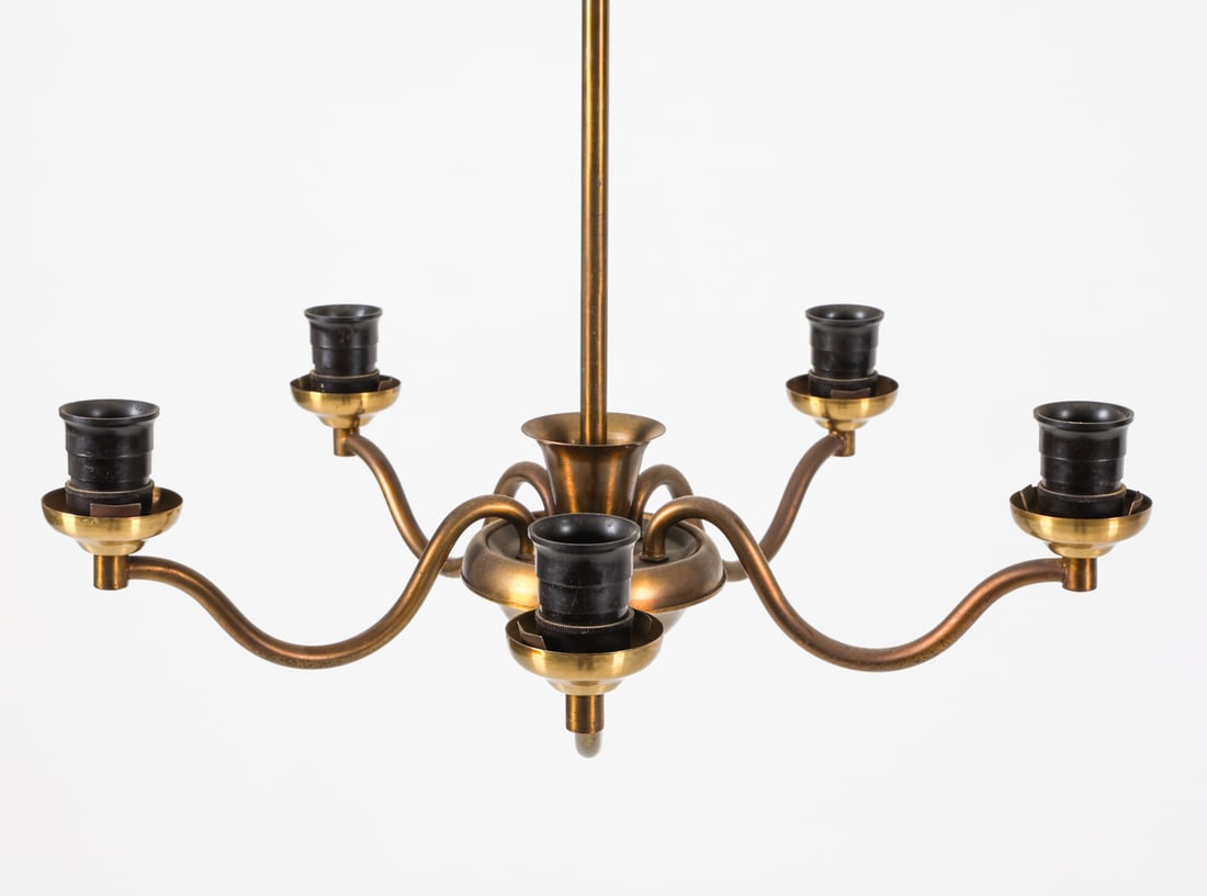 MID-CENTURY SCANDINAVIAN BRASS CHANDALIER: Dimensions: H 23" x Dia. 18.5". Condition: Wiring untested. Few scuffs and rubs, spots of oxidation. Paint marks to top. Wear consistent with age and use.