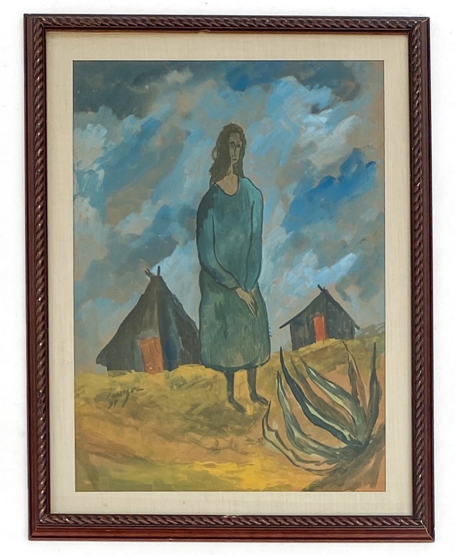 1959 WATERCOLOR: A solitary figure of a woman standing in a landscape. Indistinctly signed and dated lower left. Watercolor on paper. Dimensions: (Frame) H 33" x W 25" (Sight) H 26.5" x W 19" Condition: Scratches, nic