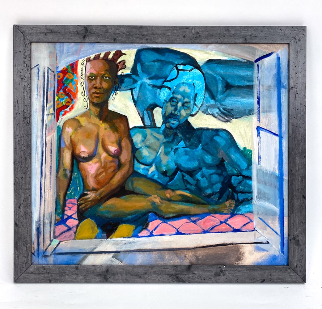 LEONARD JENKINS CONTEMPORARY EROTIC O/C: Signed and titled "Majestic" on verso of canvas. C. 2001 Dimensions: (Frame) H 29.75" x W 33.75" (Canvas) H 26" x W 30.25" Condition: Couple light surface marks to canvas and frame.