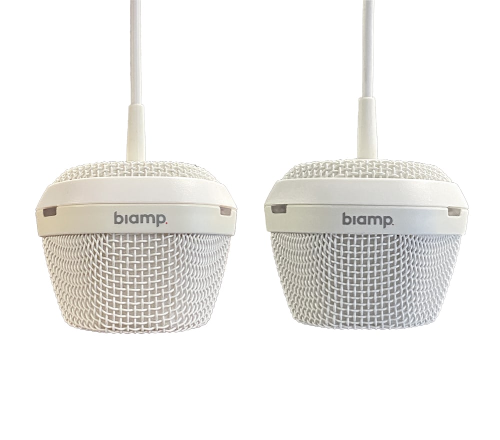 (2) BIAMP PARLE TCM-1 PENDANT MICROPHONES: Each includes Beamtracking technology with three 120 degree zones providing full 360 degree coverage. Biamp name on sides. Dimensions: (From ceiling) H 25.5" x Dia 2.5" Condition: No issues to note.