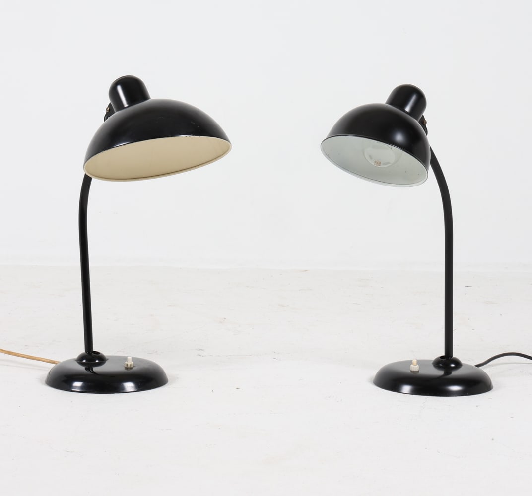 (2) FRITZ HANSEN KAISER IDELL TABLE LAMPS: Designed by Christian Dell for Fritz Hansen. Marked to backs of shades with impressions in metal. Denmark, circa 1970s. Dimensions: Largest H 19.25" x W 8.75" x D 10". Condition: Wiring untested, cord