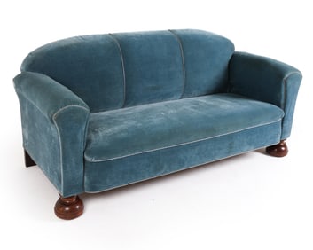 DANISH BEECH & VELOUR SOFA C. 1950S