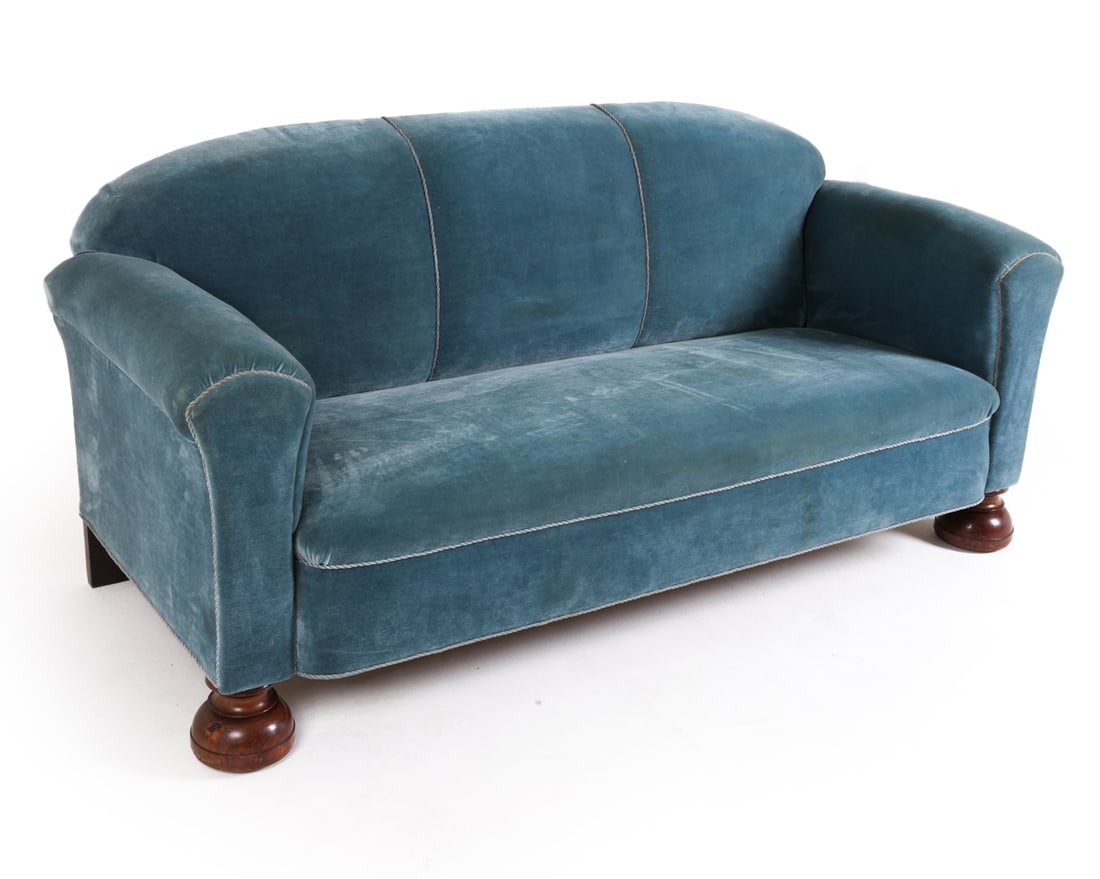 DANISH BEECH & VELOUR SOFA C. 1950S (1 of 13)