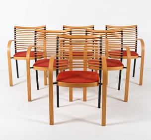 (6) RUD THYGESEN BEECH & SUEDE DINING CHAIRS 1960S