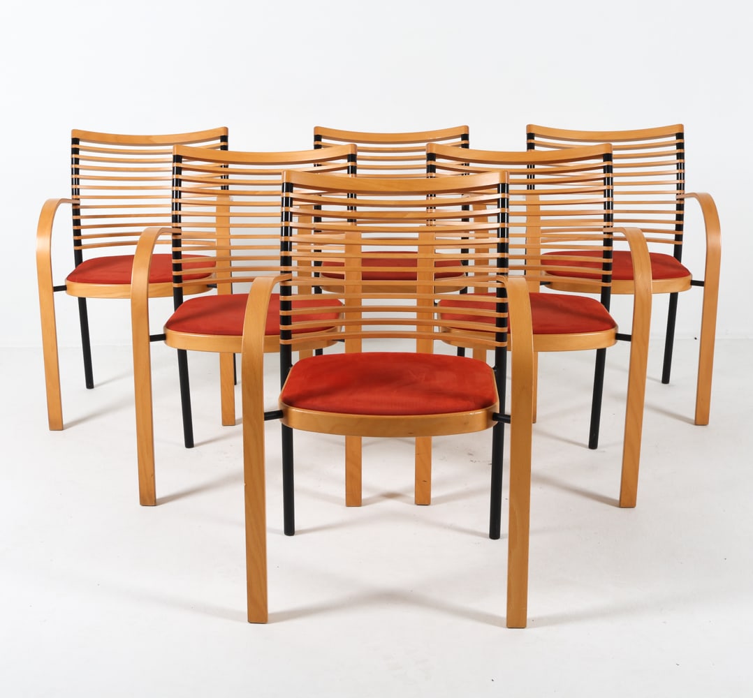 (6) RUD THYGESEN BEECH & SUEDE DINING CHAIRS 1960S: For Magnus Olesen & Durup. Beech frames with red suede seats. Denmark, circa 1960s. Condition: Scuffs and small dings to edges and corners. Rubs to suede. Wear consistent with age and use. GCE097