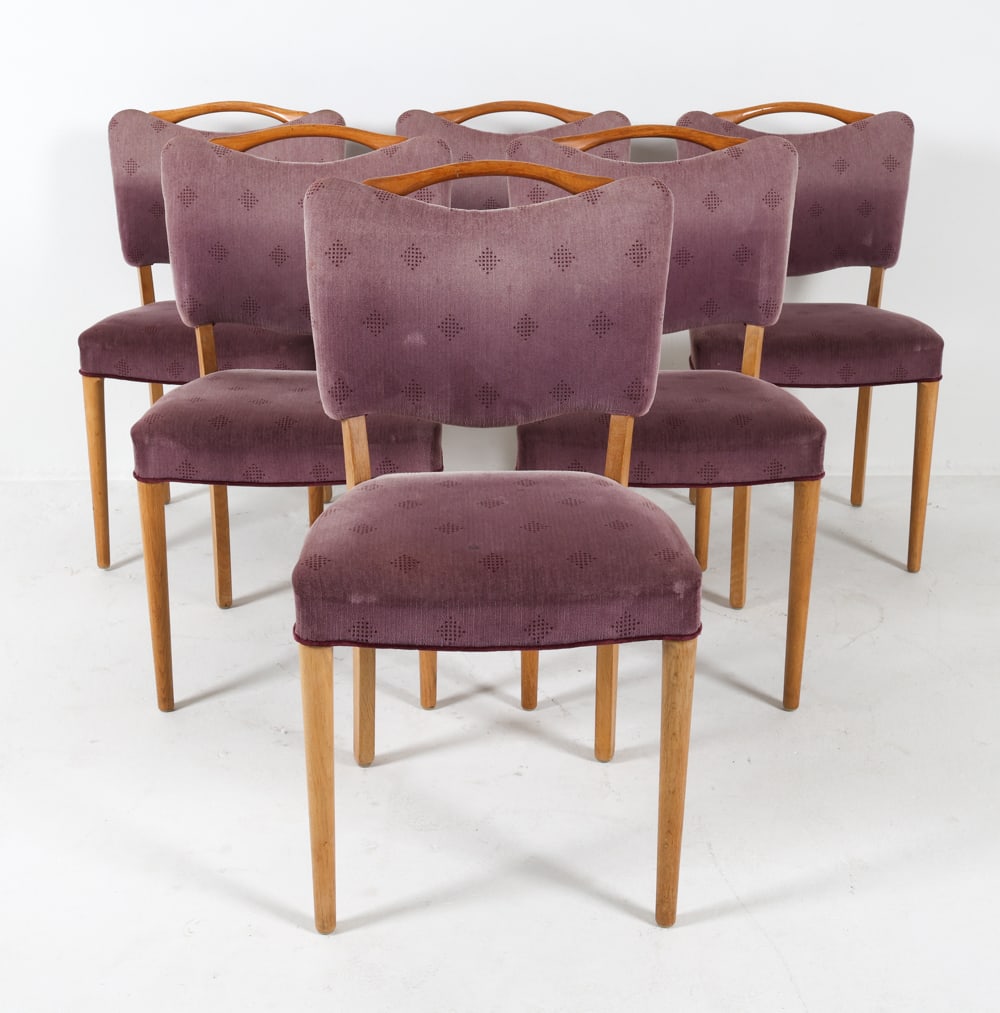 SLAGELSE OAK & FABRIC DINING CHAIRS 1970S: Dining chairs with oak frames and purple fabric upholstery. Slagelse Mobelvaerk, Denmark, circa 1970s. Dimensions: H 33" x W 20" x D 17.5" x SH 18.25". Condition: Minor scuffs and scratches to wood. W