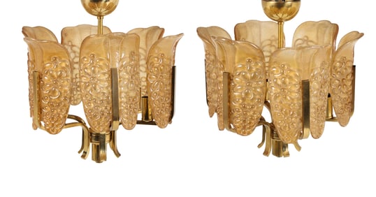 PAIR OF SCANDINAVIAN GLASS & BRASS PENDANT LIGHTS