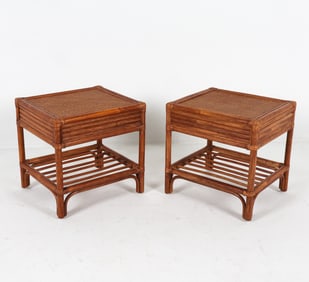 PAIR SCANDINAVIAN BAMBOO & RATTAN SIDE TABLES