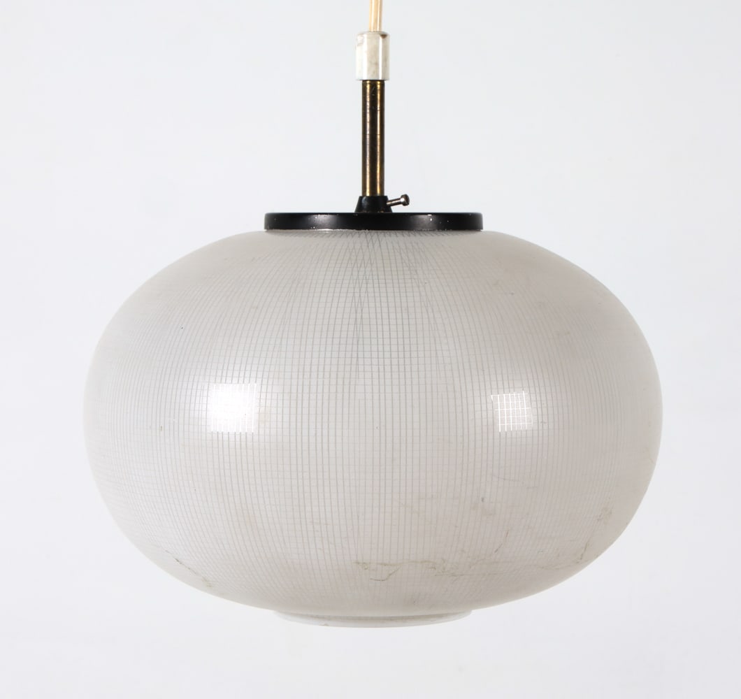 SCANDINAVIAN MID-CENTURY GLASS PENDANT LIGHT: Dimensions: H 10" x Dia. 9.5". Condition: Few scuffs and scratches to glass. Wiring untested. Wear consistent with age and use.