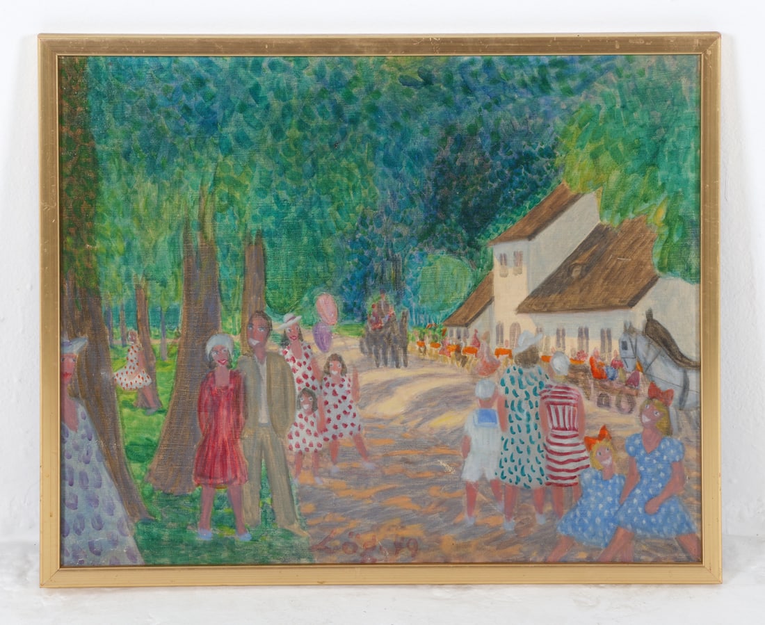 ANNI LOGSTRUP (1912-2000) VILLAGE SCENE A/C: Painting of a town or village scene with many figures. Signed to lower center and dated 1949. Obituary on back. Denmark. Dimensions: Frame H 22" x W 27". Canvas H 20.5" x W 25.5". Condition: Few scuff