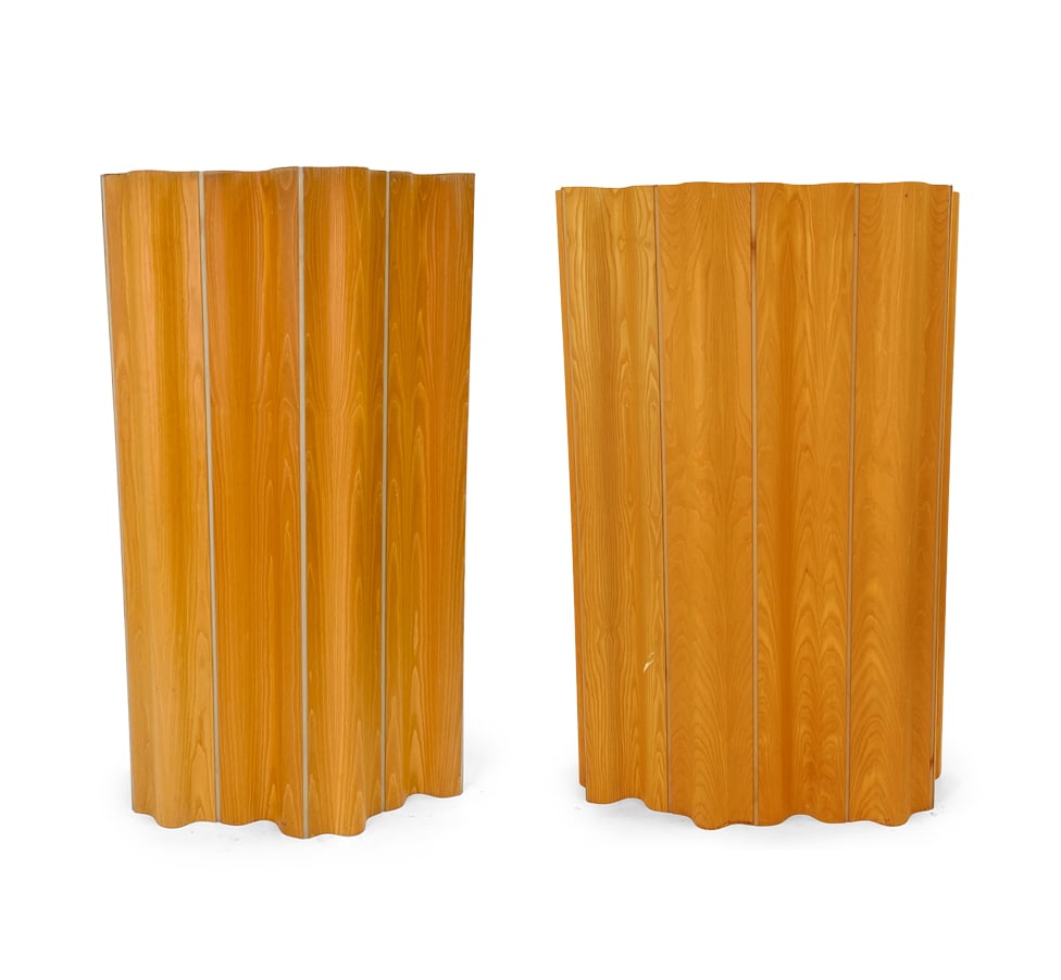 PAIR OF CHARLES & RAY EAMES HERMAN MILLER SCREENS: "Wave" folding screens by Ray & Charles Eames for Herman Miller. Features two screens each with 6 bent oak panels joined by canvas hinges. Dimensions: (Each) H 68" x W 57" x D 2.5" Condition: Very lig