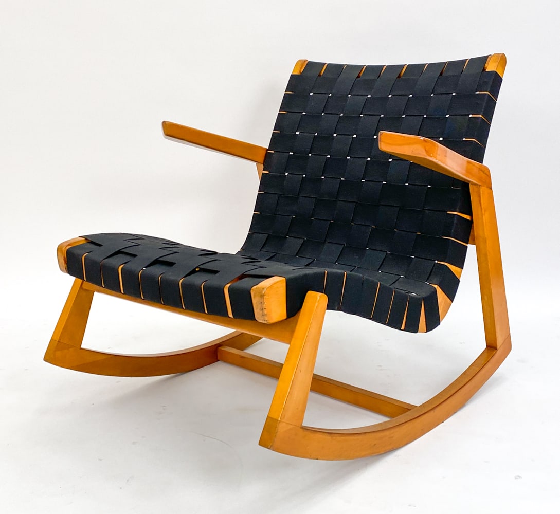 EARLY RALPH RAPSON FOR KNOLL ROCKER: Rocker designed by Minneapolis-based architect Ralph Rapson. Part of a line of chairs designed for Knoll and produced for a short time just after WWII. With a birch frame and new Knoll cotton webbing.
