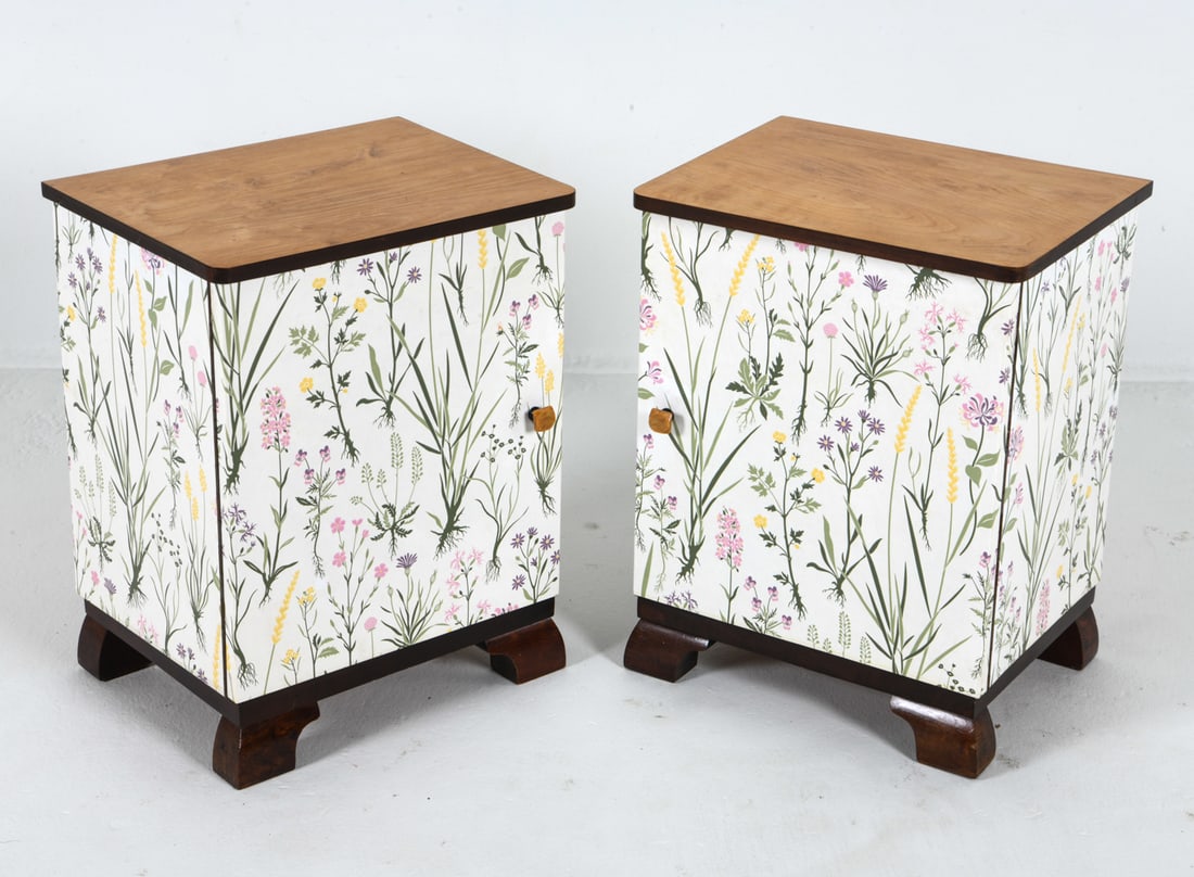 PAIR SCANDINAVIAN WALLPAPER NIGHTSTANDS: With applied decorated wallpaper to exteriors. Circa 1960s. Dimensions: H 22.5" x W 17.5" x D14.25" Condition: Light nicks to outer edges. minor dings. Presents well overall. DDE C