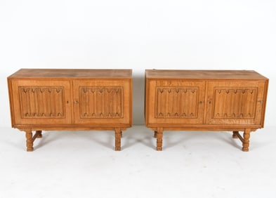 HENNING KJAERNULF DANISH OAK LINEN FOLD CABINETS