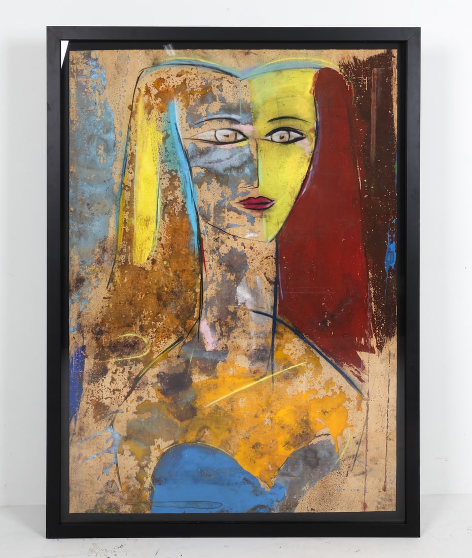 JAMALI (PAKISTAN B. 1944) ABSTRACT WOMAN: Gallery tag on back with artist's name. Tempera fresco on board. Dimensions: Frame H 58.5" x W 43.5". Sight H 56.5" x W 40.5". Condition: Minor scuffs to frame, not examined out of frame.