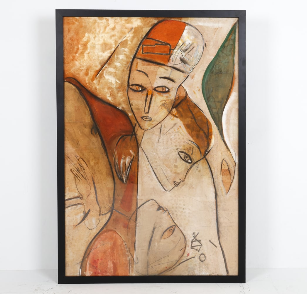JAMALI (PAKISTAN B. 1944) ABSTRACT FIGURES: Gallery tag on back with artist's name. Painting with an assortment of abstract figures. Tempera fresco on board. Dimensions: Frame H 60.75" x W 41.75". Sight H 57.25" x W 38.75". Condition: Not exami
