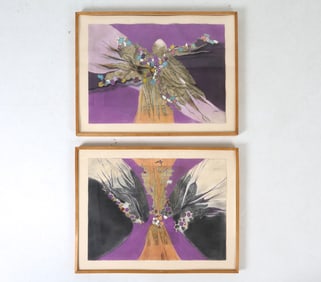 (2) JOAN MILLER ABSTRACT OIL PASTEL ON PAPER