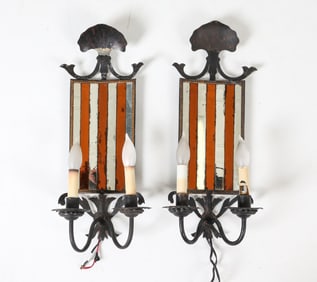 PAIR OF ANTIQUE WROUGHT IRON MIRROR BACK SCONCES
