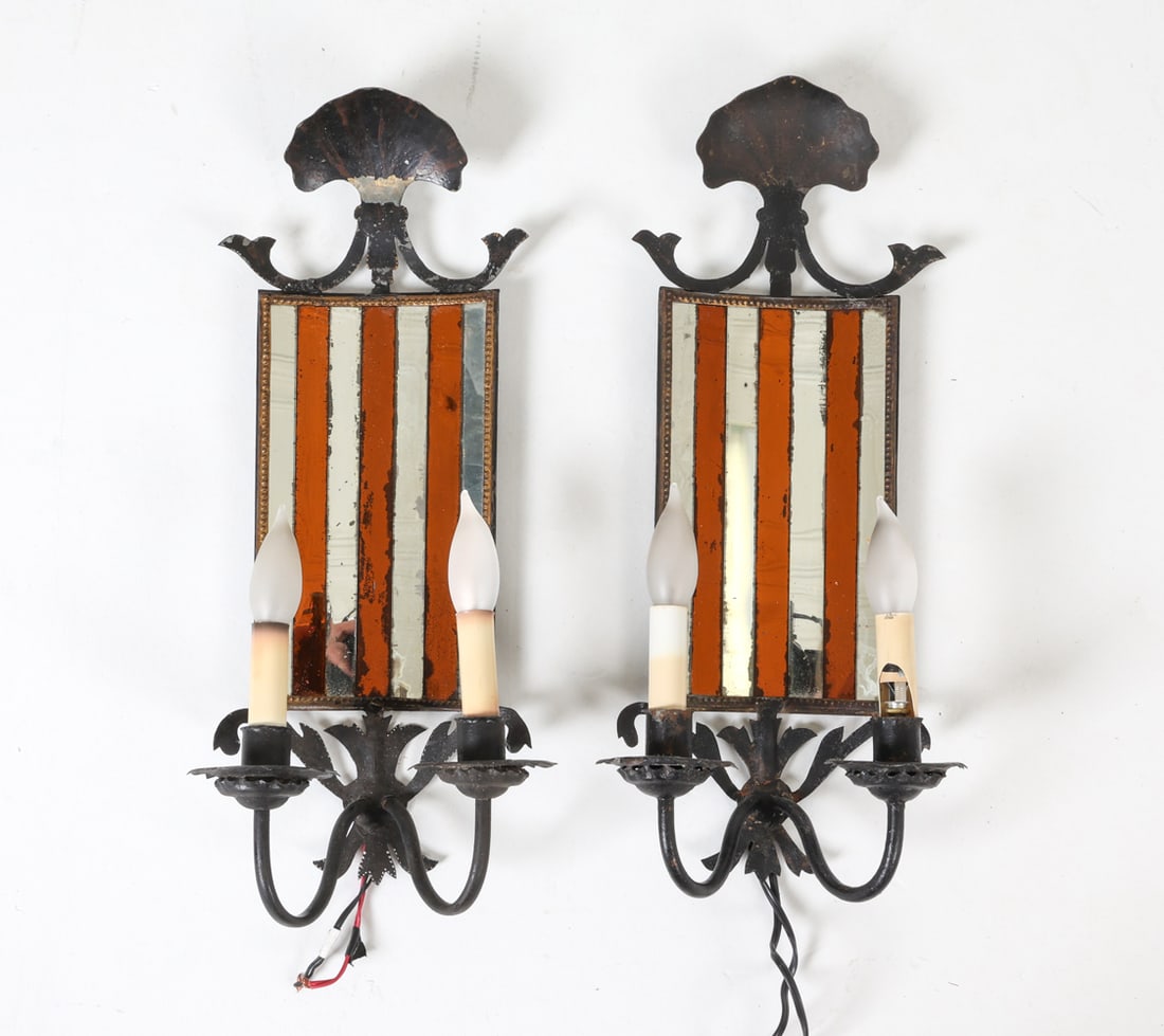 PAIR OF ANTIQUE WROUGHT IRON MIRROR BACK SCONCES (1 of 14)