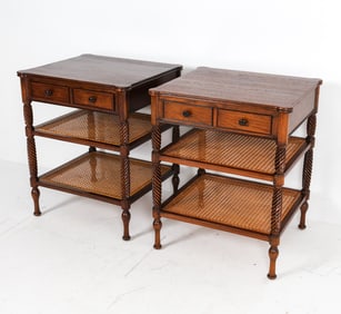 BRITISH COLONIAL STYLE OAK & CANE SIDE TABLES