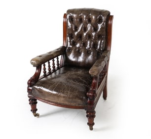 ANTIQUE MAHOGANY & LEATHER LIBRARY CHAIR 19TH C.
