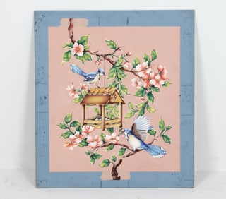 CHINOISERIE O/B PAINTING BIRDS & CHERRY BLOSSOMS