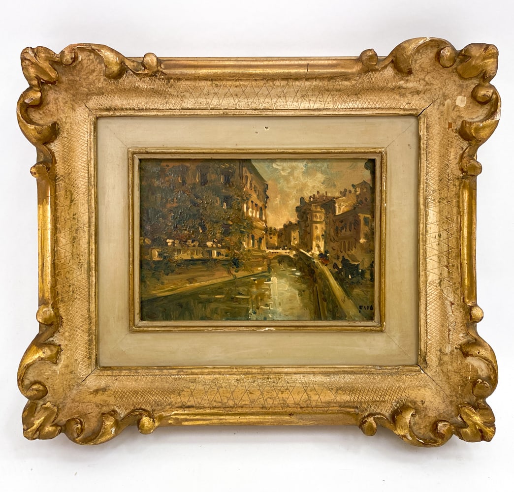 GIUSEPPE AMADIO RIVA (1861-1948) O/B: Image depicting a scene in Venice, Italy. Signed lower right. Oil on masonite. Dimensions: (Frame) H 10.5" x W 12" (Sight) H 4.75" x W 6.5" Condition: Wear consistent with age. Scratches, nicks to fra