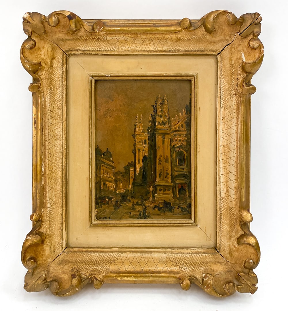 GIUSEPPE AMADIO RIVA (1861-1948) O/B: Image depicting a street scene in Milan, Italy. Signed lower left. Oil on masonite. Dimensions: (Frame) H 12" x W 10.5" (Sight) H 6.5" x W 4.75" Condition: Wear consistent with age. Scratches, nicks t