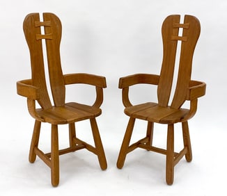 DE PUYDT BRUTALIST OAK DINING CHAIRS C. 1970S
