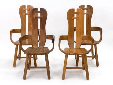 (4) DE PUYDT BRUTALIST OAK DINING CHAIRS, C. 1970S