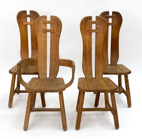 (4) DE PUYDT BRUTALIST OAK DINING CHAIRS, C. 1970S