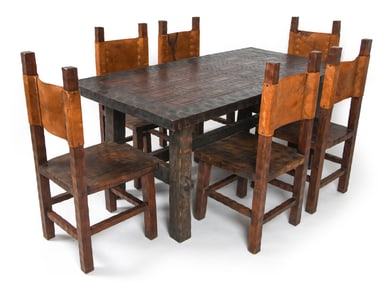 BRAZILIAN LEATHER & WOOD DINING TABLE & CHAIRS