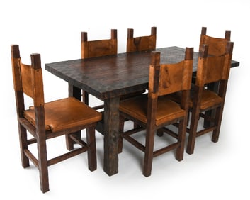 BRAZILIAN LEATHER & WOOD DINING TABLE & CHAIRS