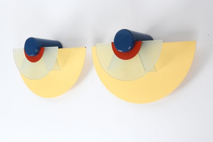 PAIR FRENCH MEMPHIS STYLE ENAMEL & GLASS SCONCES