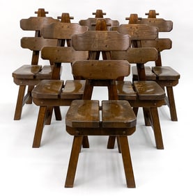 (6) BRUTALIST OAK DINING CHAIRS C. 1970S