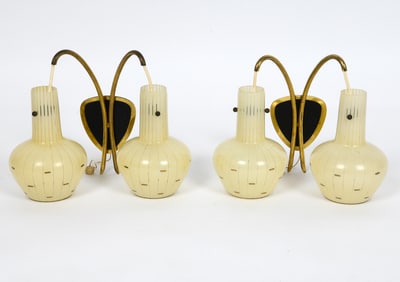 PAIR OF BRASS & GLASS HANGING SCONCES C. 1950S