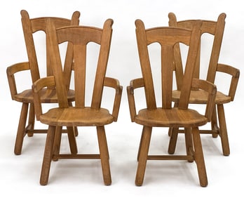 (4) DE PUYDT BRUTALIST OAK DINING CHAIRS, C. 1970