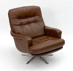 SWEDISH LEATHER SWIVEL LOUNGE CHAIR C. 1970S