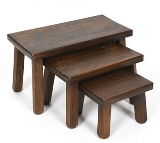 DUTCH STAINED OAK NESTING TABLES C. 1950S