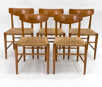 (5) BORGE MOGENSEN STYLE OAK & RUSH DINING CHAIRS